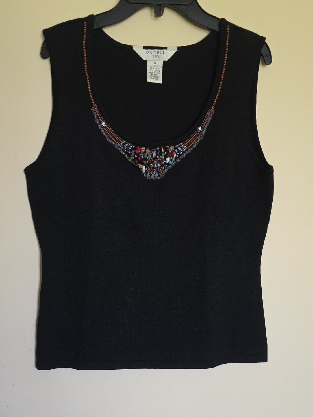 Outfit JPR Beaded Embellished Black Scoop Neck Silk Tank Top